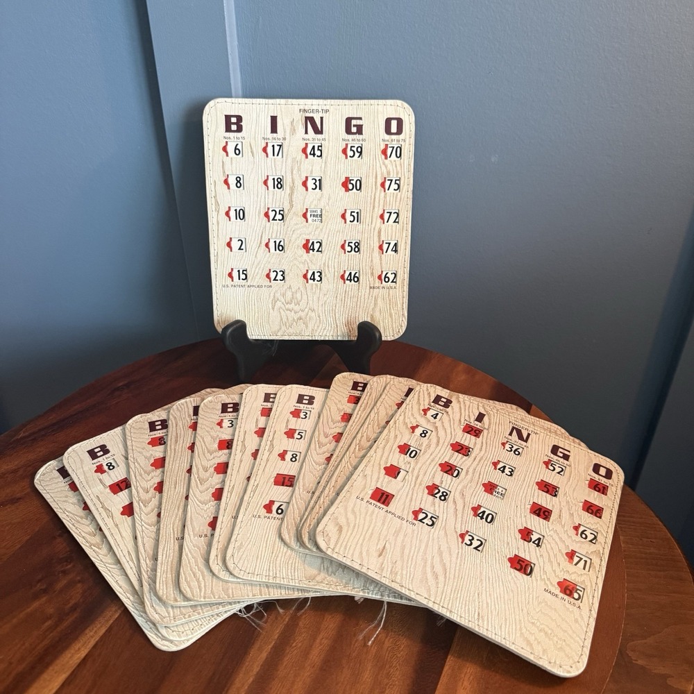 Vintage Bingo Cards Finger Tip Lot of 12 Sliding Shutter Faux Wood Grain USA